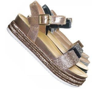 Forever Link Ankle Strap Platform Sandals Rhinestone Glitter Crystal Champagne